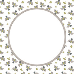 White empty circle for text. Background from a pattern with birds and leaves. Vector design illustration for greeting card.