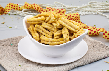 Indian Traditional Popular Gujarati Snack Ghatiya Also Know as Ganthiya, Papdi, Gathiya Are Deep Fried Snack Made From Chickpea Flour