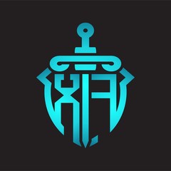 XF Logo monogram with sword and shield combination isolated blue colors gradient