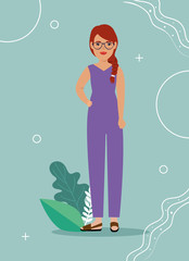 woman red hair standing with eyeglasses and leafs tropicals vector illustration design