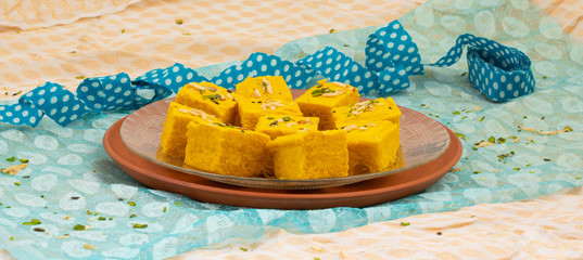 Indian Special Traditional Sweet Food Soan Papdi Also Know as Son Roll, Soam Papdi, Patisa, Shonpapdi is a popular Indian Dessert