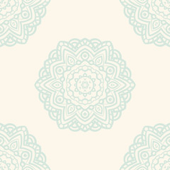 Fantasy seamless pattern with ornamental mandala. Abstract round doodle flower background. Floral geometric circle. Vector illustration.  