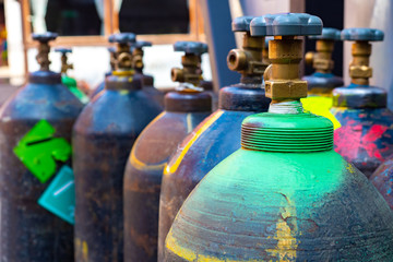 Cylinders with technical gases. Fragment of a cylinder with oxygen. Tanks for liquid oxygen....