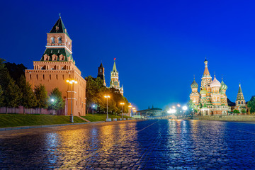 Moscow Russia. Panorama of Red Square. Kremlin towers. St. Basil's Cathedral. Spasskaya tower against the night sky. Symbols of Moscow. Tours of the temples of Russia. Russia old. Night square