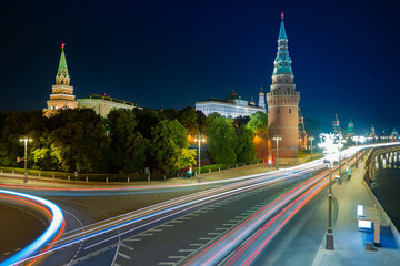 Naklejka na ściany i meble Moscow. Russia. Grand Kremlin Palace. Moscow Kremlin at night. Krassnaya square. Highway leading to Red Square. Tours on the Kremlin embankment. Traveling in Russia. Sights of Moscow. Night panorama