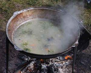 the process of cooking fish soup in a cauldron on the street. soup for a group of people camping in nature.