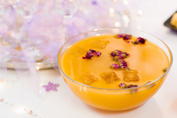 dish with an alcoholic drink or cocktail inside on the catering table