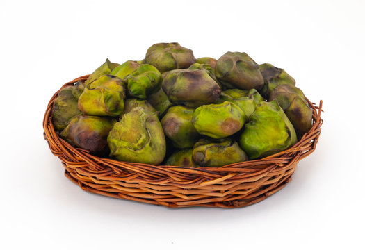 Close up of Fresh Organic Raw Water Chestnuts Also Know as Hingora, Hingoda, Singhara or Water Caltrop