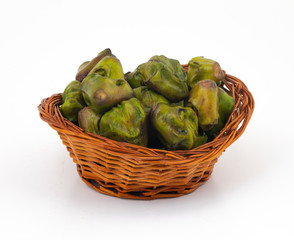 Close up of Fresh Organic Raw Water Chestnuts Also Know as Hingora, Hingoda, Singhara or Water Caltrop