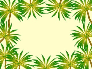 colorful frame of palm trees. poster, Poster, cover, postcard. tropic. green trees on a light yellow background. color illustration.