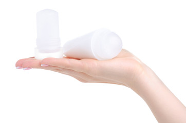 Choice natural organic deodorant, mineral alum crystal stick or roller deodorant in hand on white background isolation