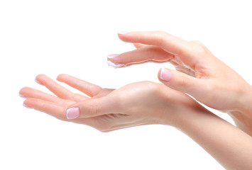 Fototapeta premium Woman female hands with cream beauty care on white background isolation