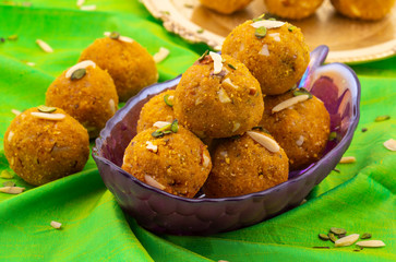 Indian Traditional Winter Sweet Food Methi Laddu Also Know as Methi Ke Laddu or Fenugreek Laddu Made From Fenugreek Seeds, Ginger, Saunf And Jaggery