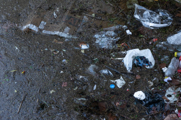 Plastic pollution in nature. Ecology contamination.