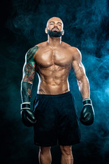 Fitness and boxing concept. Boxer, man fighting or posing in gloves on black background. Individual...