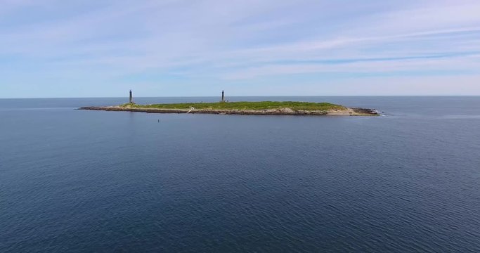 Aerial view of flying to Thacher Island Lighthouse on Thacher Island, Rockport, Cape Ann, Massachusetts, USA. Thacher Island Lighthouses was built in 1771. (part 2)