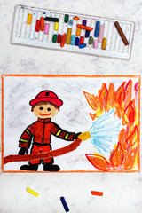 Photo of colorful drawing: Smiling Fireman using water to fighting with fire. Firefighter in action