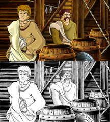 cartoon scene with roman or greek ancient character inside wooden ship chamber illustration for children