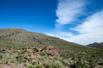 USA, Nevada, Lincoln County, Basin and Range National Monument, White River Valley. Half Moon above Fossil Mountain in the desert landscape.