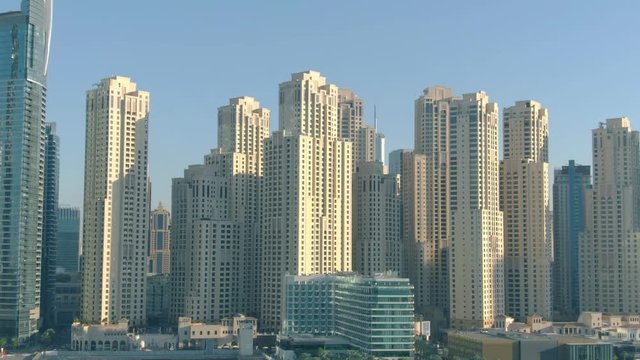 Aerial view of Dubai Marina skyscrapers as seen from the sea, UAE
