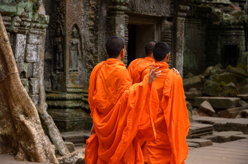 3 Bonzes de dos au temple de Ta Prom, Angkor Vat, Cambodge