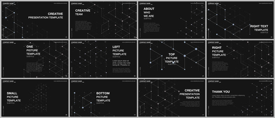Presentation design vector templates, multipurpose template for presentation slide, flyer, brochure cover design. Scientific medical research. Abstract molecular connection structure backgrounds.