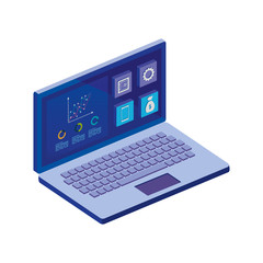 laptop computer with infographics and app menu vector illustration design
