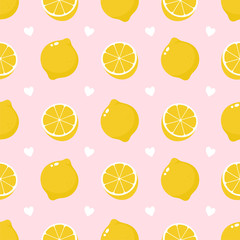 Cute lemon fruit and hearts seamless pattern
