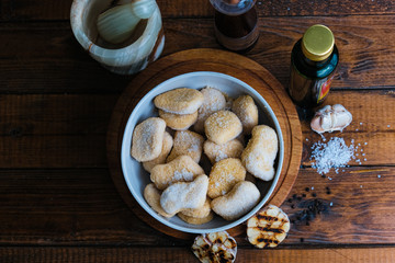 chicken nuggets composition on a wooden background