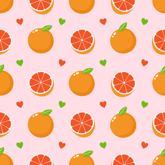 Cute grapefruit fruit and hearts seamless pattern