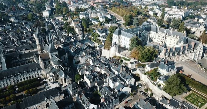 View from drone of French city of Blois with Royal Chateau and church of St. Nicolas in sunny autumn day