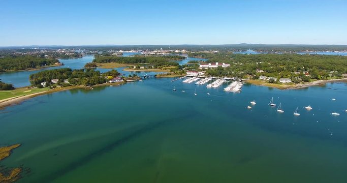 Flying over Portsmouth Harbor at the mouth of Piscataqua River aerial view in summer, Rye, New Hampshire, USA. (part 2)