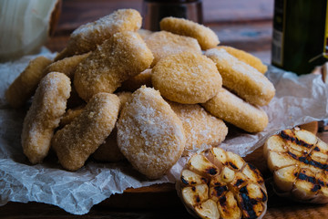 chicken nuggets composition on a wooden background