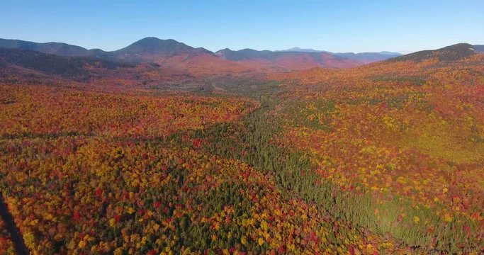 White Mountain National Forest fall foliage on Kancamagus Highway aerial view near Sugar Hill Scenic Vista, Town of Lincoln, New Hampshire NH, USA.