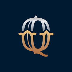 Q letter gold and silver logo in slab serif retro style.