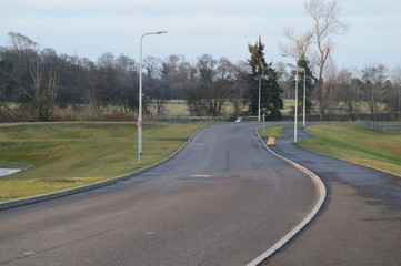 Fototapeta na wymiar New road leading to the long awaited new Madra College, St Andrews, Fife, Scotland, New Years Day 2020