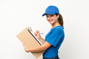 Young delivery girl over isolated white background