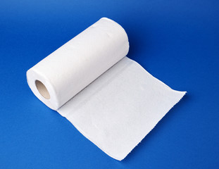 twisted roll of white paper towel on a blue background. Paper sheet