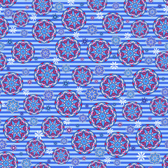 Seamless ornamental oriental pattern. Repeating striped tiles with mandala. Vector laced decorative background with floral and geometric ornament. Indian or Arabic motive. Boho festival style