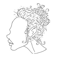 Female face in profile. Vector illustration of a girl's head with long hair. Hand drawn  head with a female hairstyle.