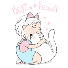 Cute girl hugs a white cat. Vector illustration on white background.