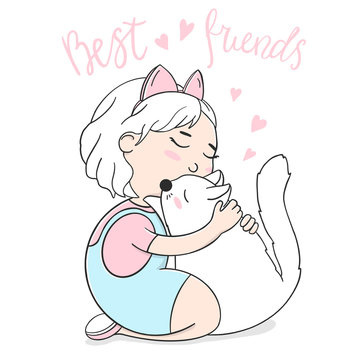 Cute girl hugs a white cat. Vector illustration on white background.