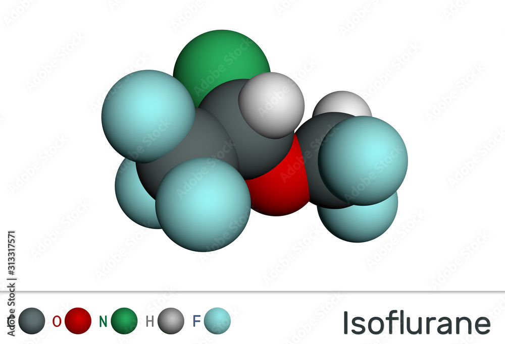 Poster Isoflurane molecule, is inhalation anesthetic used for general anesthesia. Molecular model