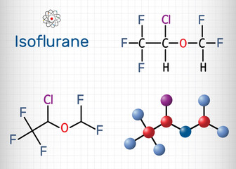 Isoflurane molecule, is inhalation anesthetic used for general anesthesia. Structural chemical formula and molecule model. Sheet of paper in a cage