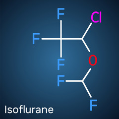 Isoflurane molecule, is inhalation anesthetic used for general anesthesia. Structural chemical formula on the dark blue background.