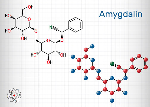 Amygdalin, laetrile molecule, is a naturally occurring cyanogenic glycoside. Structural chemical formula and molecule model. Sheet of paper in a cage