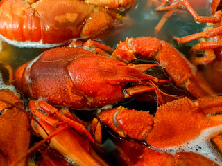 Cooking crayfish in boiling water with spices.
