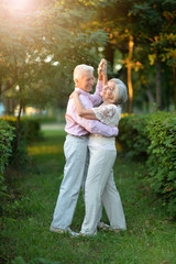 Naklejka na ściany i meble Portrait of beautiful senior couple dancing in the park