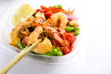 Tasty Hawaiian poke bowl  on light background