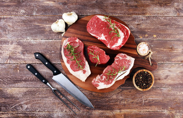 Variety Steak raw. Barbecue Rib Eye Steak, dry Aged Wagyu Entrecote Steak.